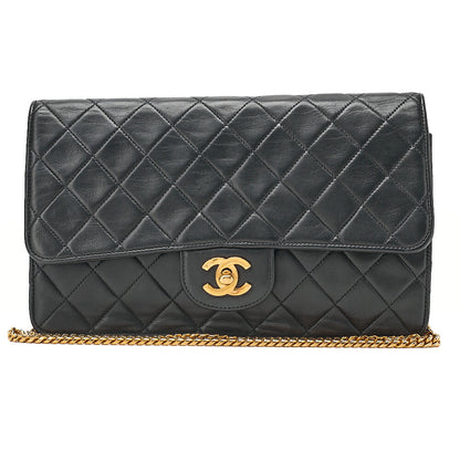CHANEL Lambskin Matelasse 25cm Single Flap Grain Chain Shoulder Black Gold-Tone Hardware, Pre-Owned