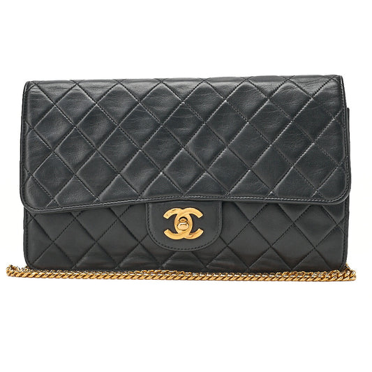 CHANEL Lambskin Matelasse 25cm Single Flap Grain Chain Shoulder Black Gold-Tone Hardware, Pre-Owned