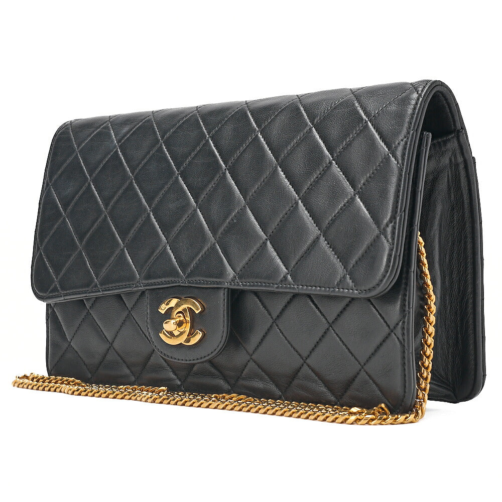 CHANEL Lambskin Matelasse 25cm Single Flap Grain Chain Shoulder Black Gold-Tone Hardware, Pre-Owned