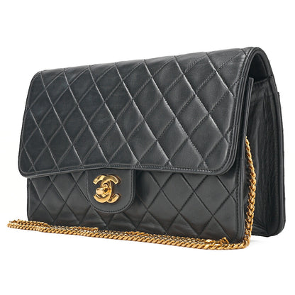 CHANEL Lambskin Matelasse 25cm Single Flap Grain Chain Shoulder Black Gold-Tone Hardware, Pre-Owned