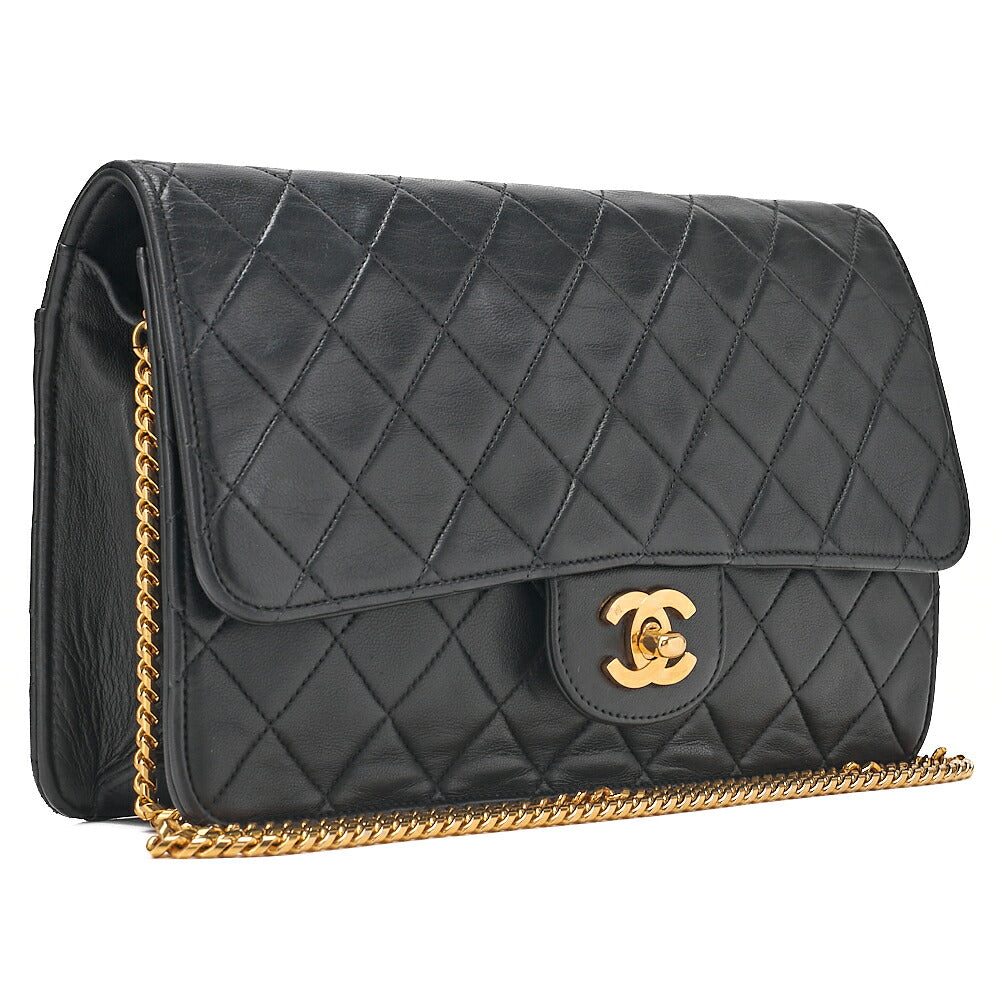 CHANEL Lambskin Matelasse 25cm Single Flap Grain Chain Shoulder Black Gold-Tone Hardware, Pre-Owned