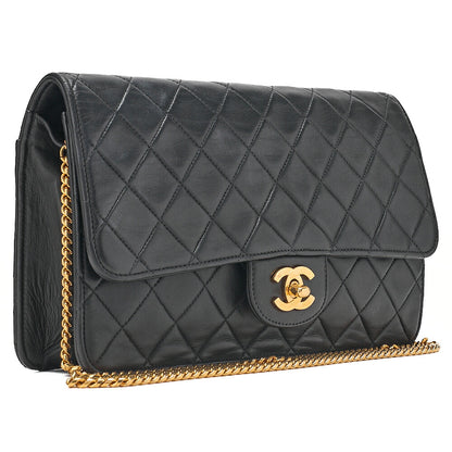 CHANEL Lambskin Matelasse 25cm Single Flap Grain Chain Shoulder Black Gold-Tone Hardware, Pre-Owned