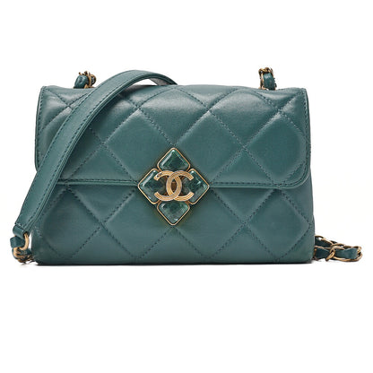 CHANEL Mini Matelasse Chain Shoulder Bag Coco Mark Lambskin Green Gold -Tone Hardware, Pre-Owned