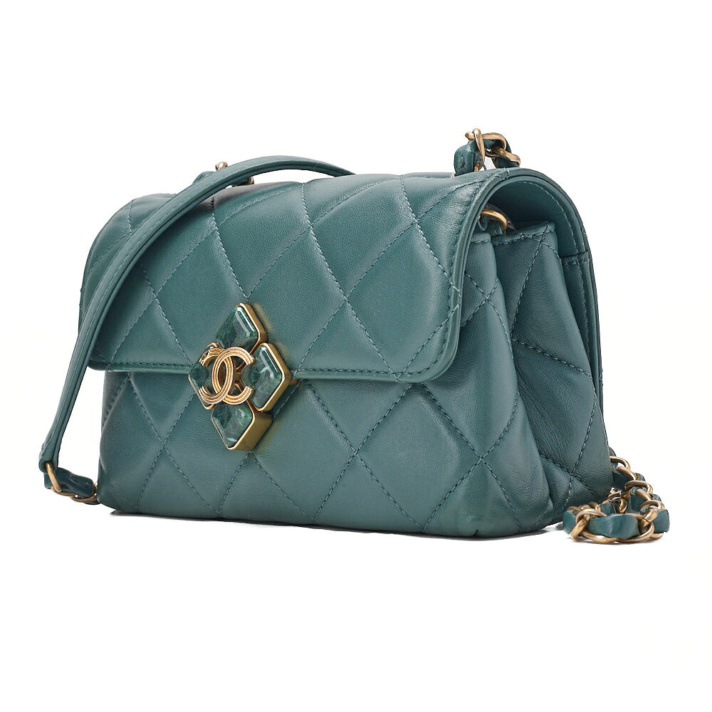 CHANEL Mini Matelasse Chain Shoulder Bag Coco Mark Lambskin Green Gold -Tone Hardware, Pre-Owned