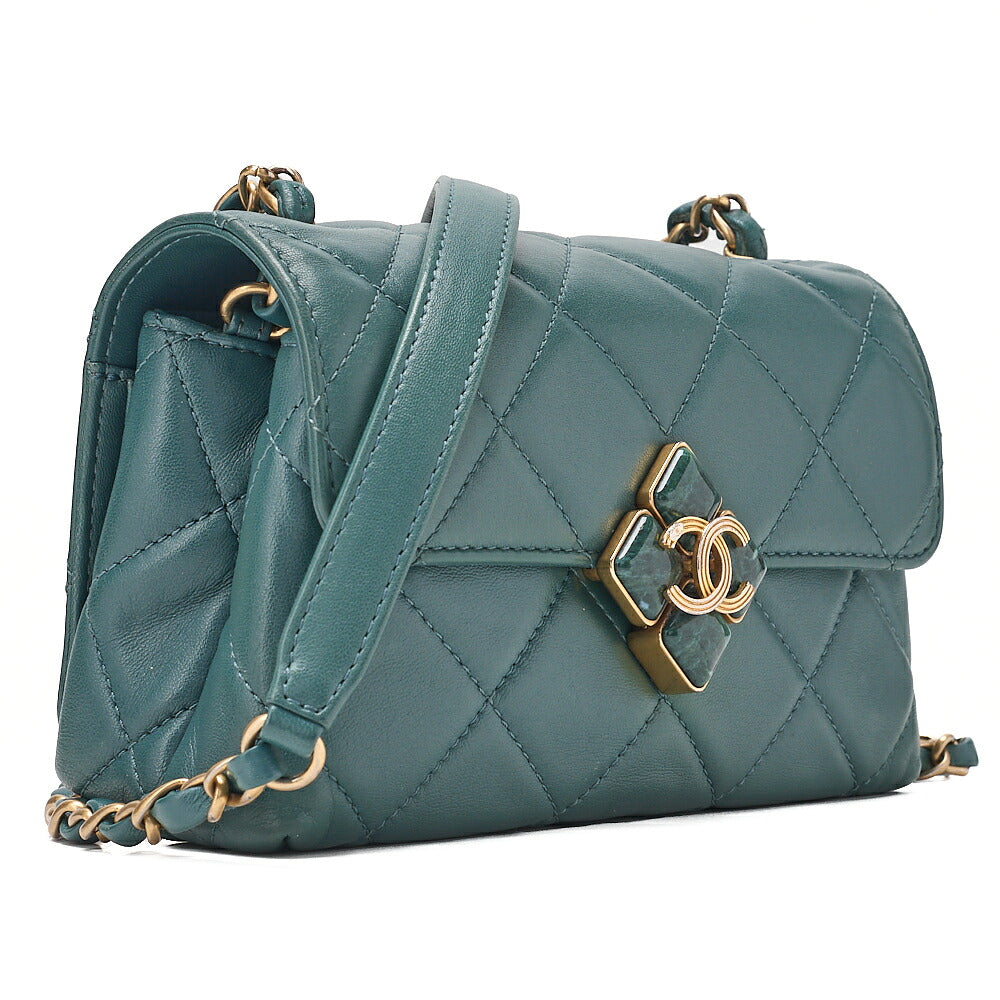 CHANEL Mini Matelasse Chain Shoulder Bag Coco Mark Lambskin Green Gold -Tone Hardware, Pre-Owned