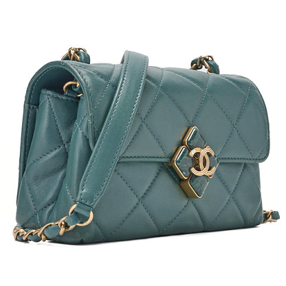 CHANEL Mini Matelasse Chain Shoulder Bag Coco Mark Lambskin Green Gold -Tone Hardware, Pre-Owned