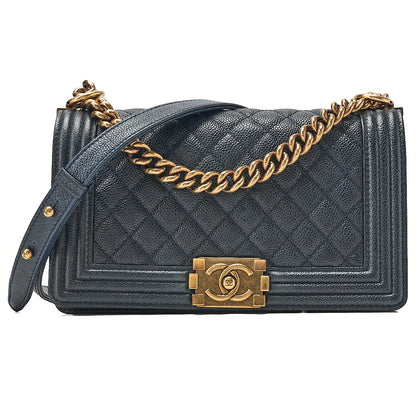CHANEL Boy Chanel 25 Caviar Skin Matelasse Chain Shoulder Navy Gold-Tone Hardware, Pre-Owned