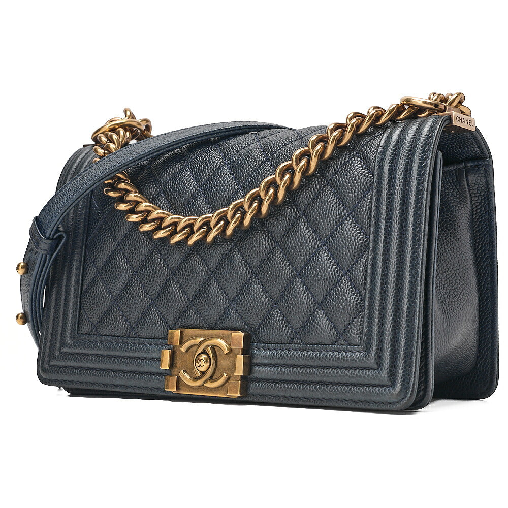 CHANEL Boy Chanel 25 Caviar Skin Matelasse Chain Shoulder Navy Gold-Tone Hardware, Pre-Owned