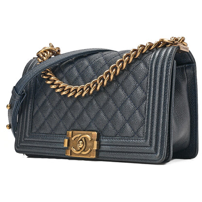 CHANEL Boy Chanel 25 Caviar Skin Matelasse Chain Shoulder Navy Gold-Tone Hardware, Pre-Owned