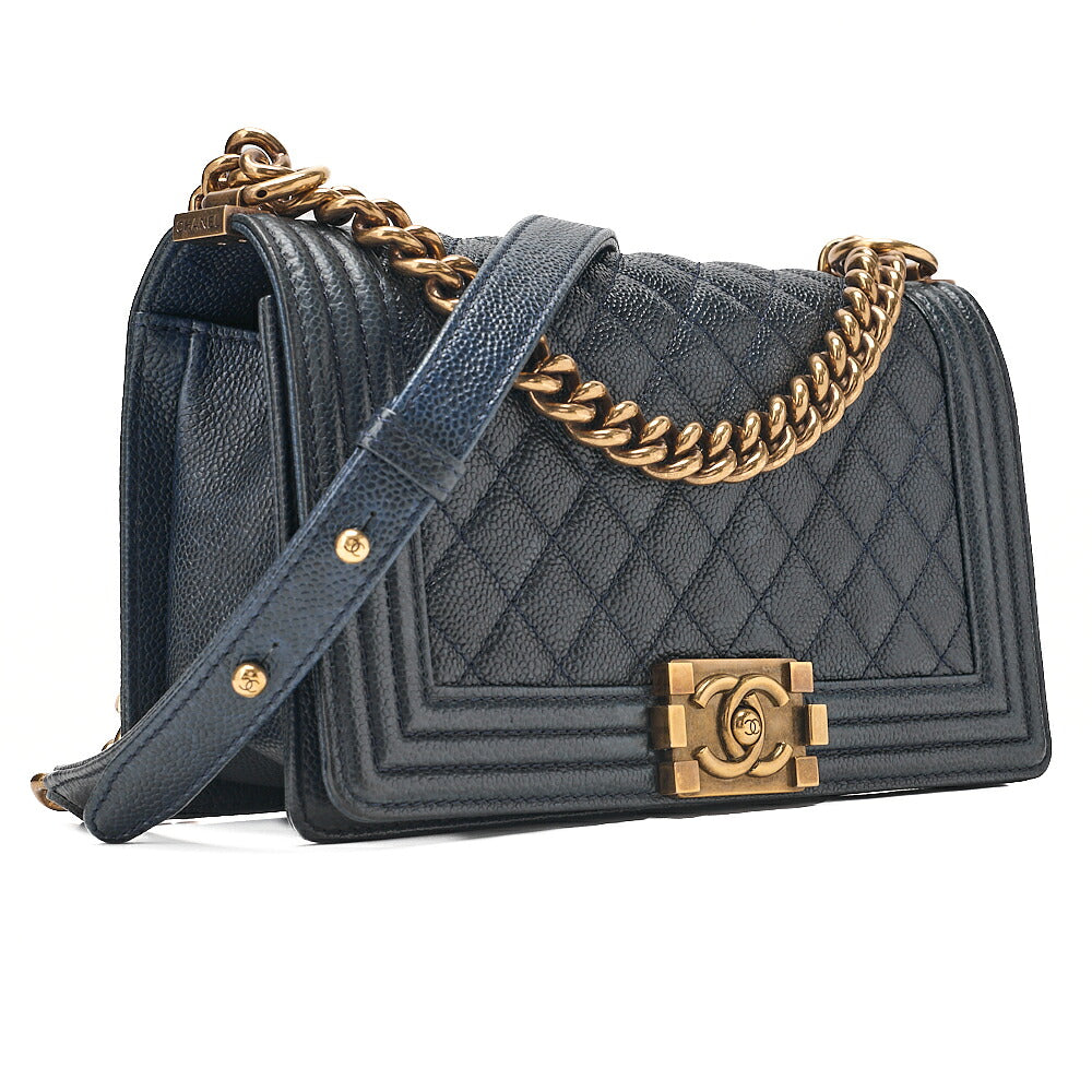 CHANEL Boy Chanel 25 Caviar Skin Matelasse Chain Shoulder Navy Gold-Tone Hardware, Pre-Owned
