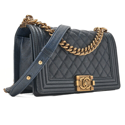 CHANEL Boy Chanel 25 Caviar Skin Matelasse Chain Shoulder Navy Gold-Tone Hardware, Pre-Owned