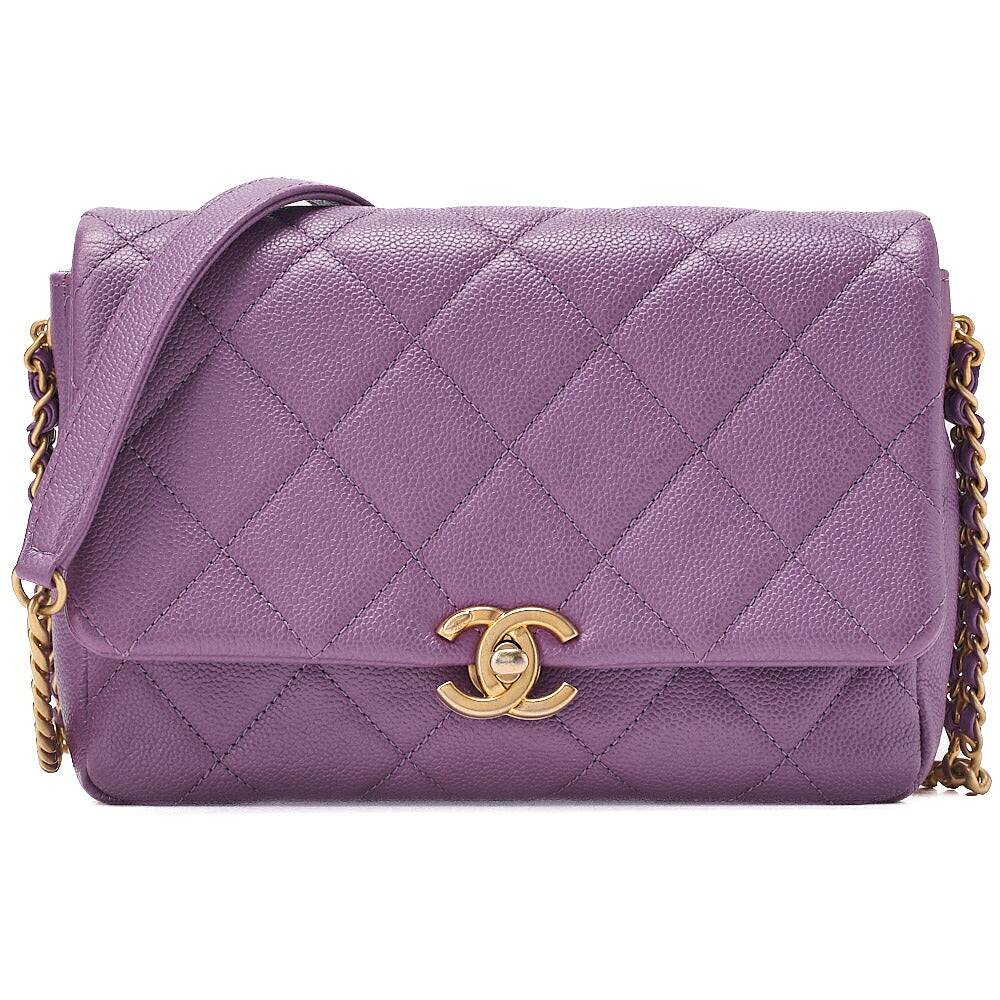 CHANEL Caviar Skin Turn Lock Single Flap Chain Shoulder Purple Gold-Tone Hardware, Pre-Owned