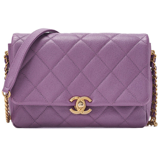 CHANEL Caviar Skin Turn Lock Single Flap Chain Shoulder Purple Gold-Tone Hardware, Pre-Owned