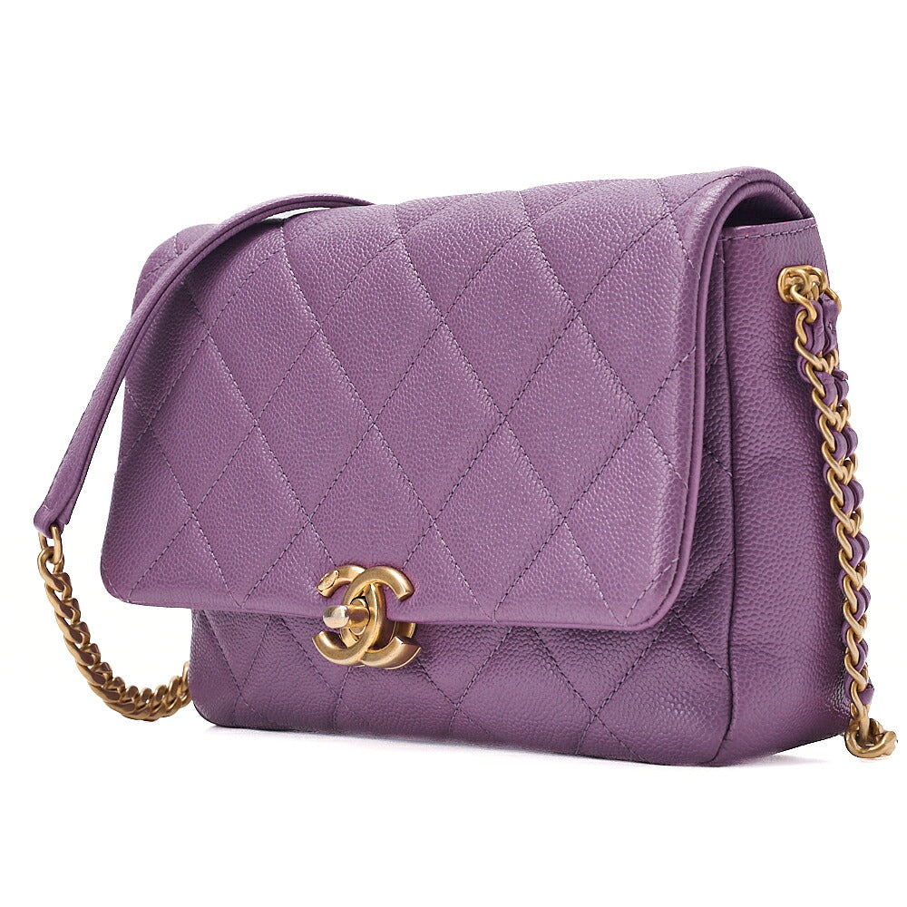 CHANEL Caviar Skin Turn Lock Single Flap Chain Shoulder Purple Gold-Tone Hardware, Pre-Owned