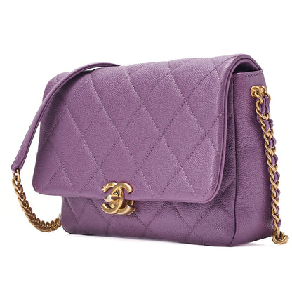 CHANEL Caviar Skin Turn Lock Single Flap Chain Shoulder Purple Gold-Tone Hardware, Pre-Owned