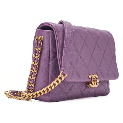 CHANEL Caviar Skin Turn Lock Single Flap Chain Shoulder Purple Gold-Tone Hardware, Pre-Owned
