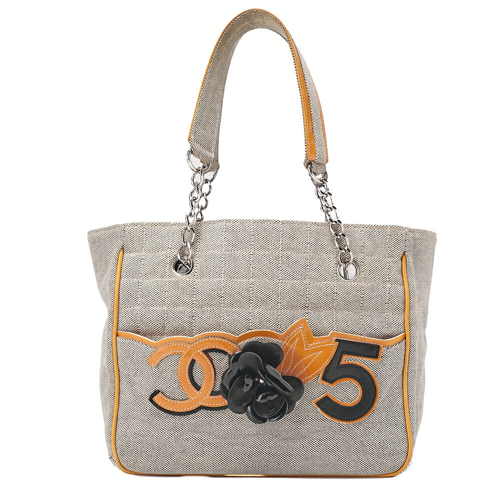 CHANEL Tote Bag Choco Bar Camellia No.5 Canvas x Enamel Gray x Yellow x Black Silver-Tone Hardware, Pre-Owned