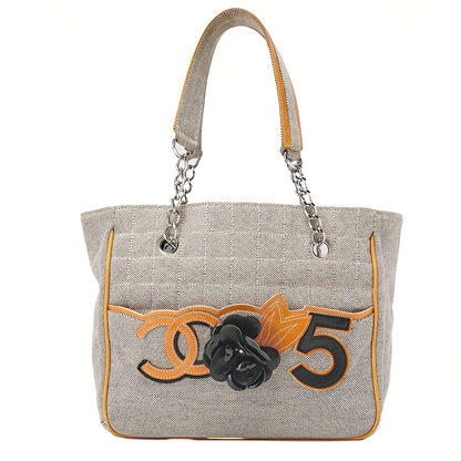 CHANEL Tote Bag Choco Bar Camellia No.5 Canvas x Enamel Gray x Yellow x Black Silver-Tone Hardware, Pre-Owned