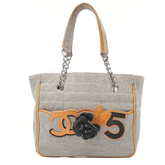CHANEL Tote Bag Choco Bar Camellia No.5 Canvas x Enamel Gray x Yellow x Black Silver-Tone Hardware, Pre-Owned