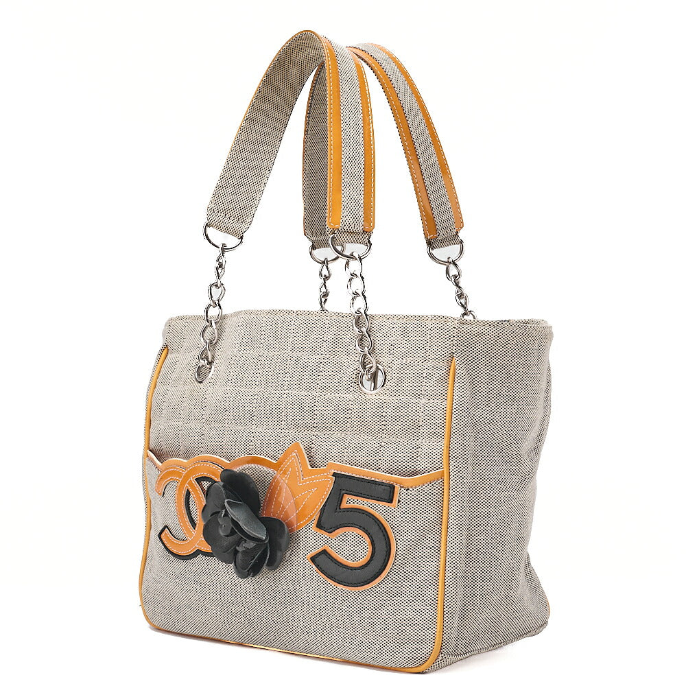 CHANEL Tote Bag Choco Bar Camellia No.5 Canvas x Enamel Gray x Yellow x Black Silver-Tone Hardware, Pre-Owned