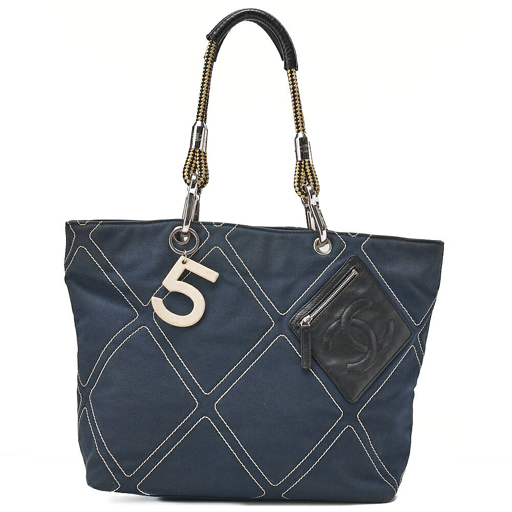 CHANEL Rope Tote Bag No.5 Charm Canvas x Lamb Navy x Black x Yellow Silver-Tone Hardware, Pre-Owned