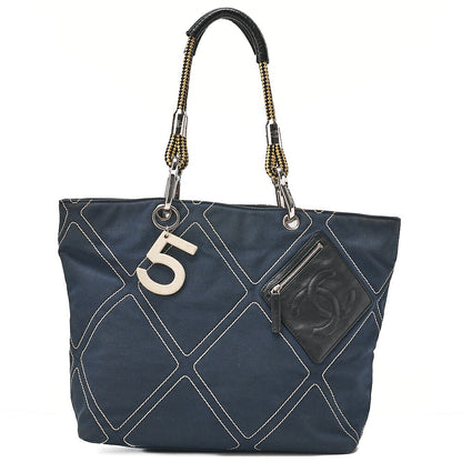 CHANEL Rope Tote Bag No.5 Charm Canvas x Lamb Navy x Black x Yellow Silver-Tone Hardware, Pre-Owned
