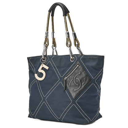 CHANEL Rope Tote Bag No.5 Charm Canvas x Lamb Navy x Black x Yellow Silver-Tone Hardware, Pre-Owned