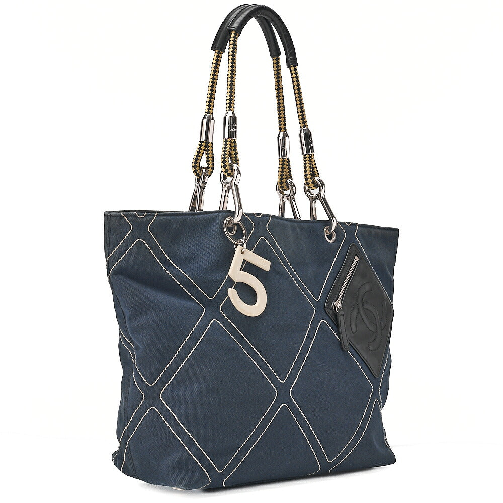 CHANEL Rope Tote Bag No.5 Charm Canvas x Lamb Navy x Black x Yellow Silver-Tone Hardware, Pre-Owned