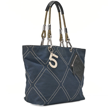 CHANEL Rope Tote Bag No.5 Charm Canvas x Lamb Navy x Black x Yellow Silver-Tone Hardware, Pre-Owned