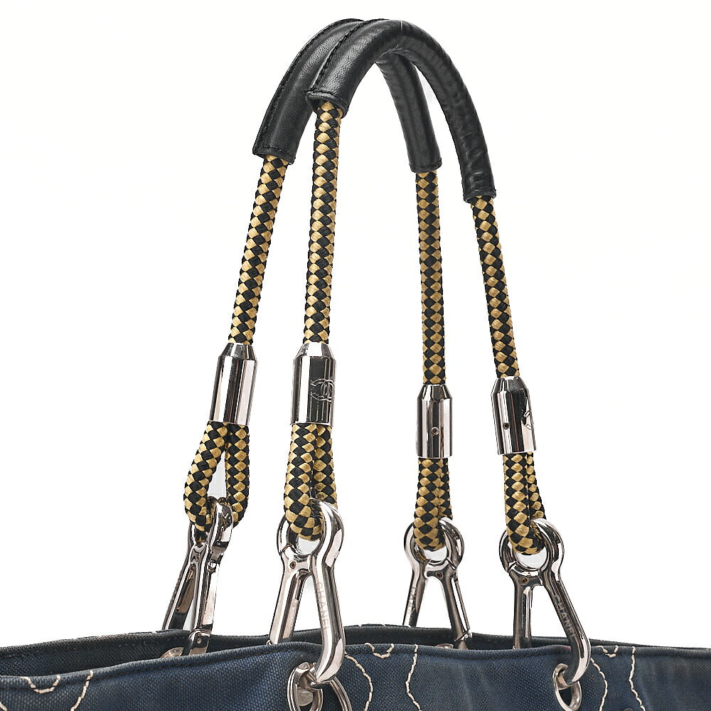 CHANEL Rope Tote Bag No.5 Charm Canvas x Lamb Navy x Black x Yellow Silver-Tone Hardware, Pre-Owned