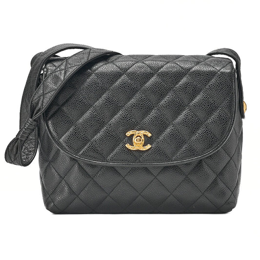 CHANEL Caviar Skin Biju Coco Mark Round Flap One-Shoulder Bag Black Gold-Tone Hardware, Pre-Owned