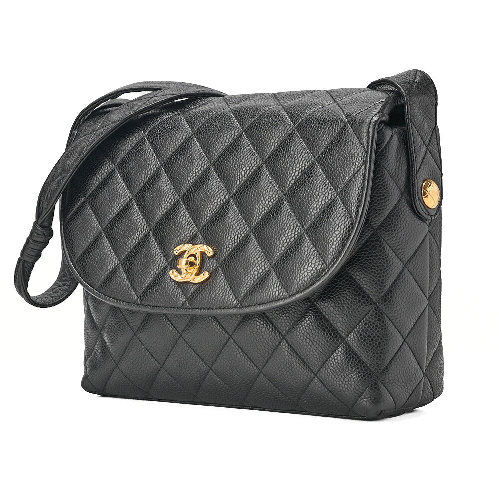 CHANEL Caviar Skin Biju Coco Mark Round Flap One-Shoulder Bag Black Gold-Tone Hardware, Pre-Owned