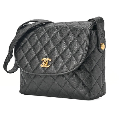 CHANEL Caviar Skin Biju Coco Mark Round Flap One-Shoulder Bag Black Gold-Tone Hardware, Pre-Owned