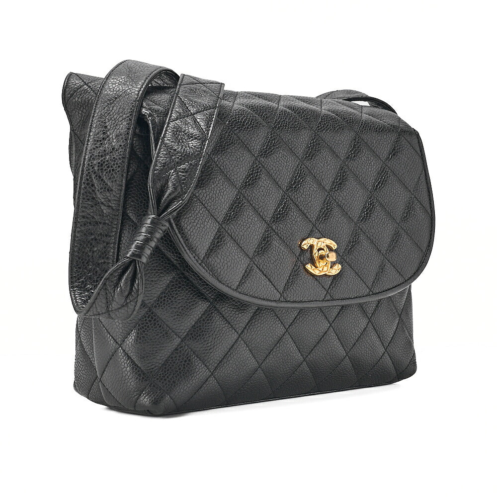 CHANEL Caviar Skin Biju Coco Mark Round Flap One-Shoulder Bag Black Gold-Tone Hardware, Pre-Owned
