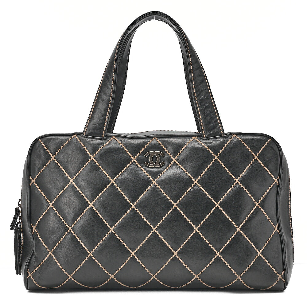 CHANEL Coco Mark Wild Stitch Handbag Calfskin Black Silver-Tone Hardware, Pre-Owned