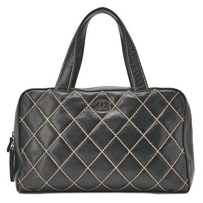 CHANEL Coco Mark Wild Stitch Handbag Calfskin Black Silver-Tone Hardware, Pre-Owned