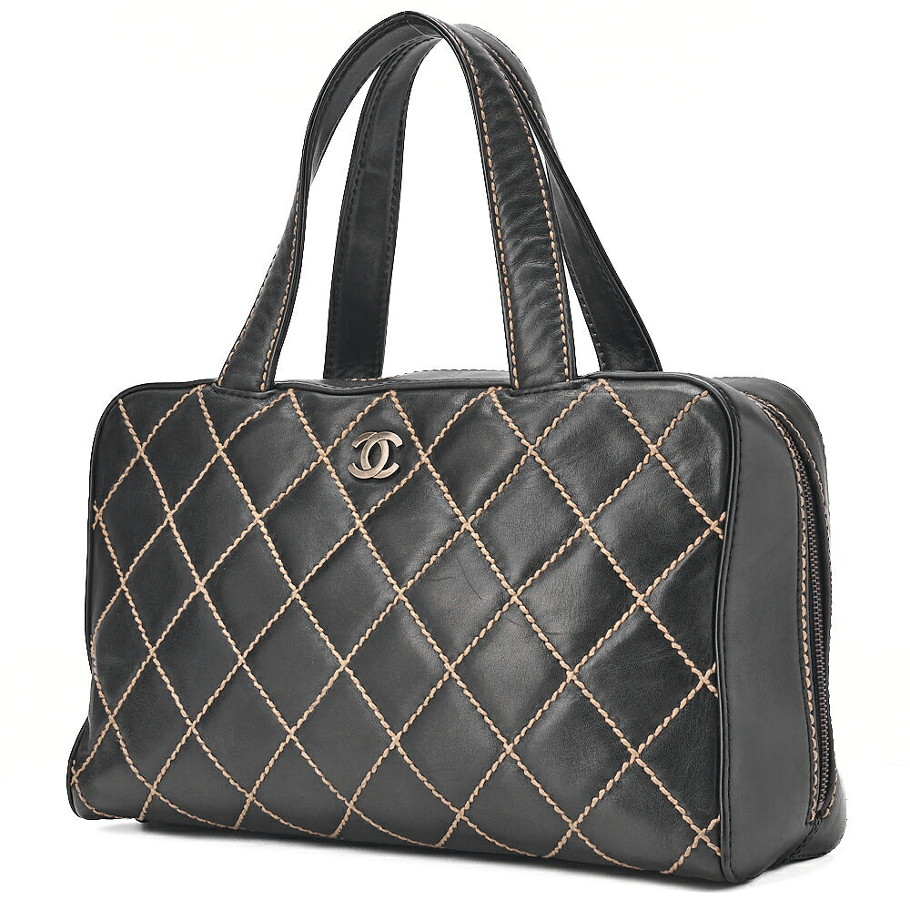 CHANEL Coco Mark Wild Stitch Handbag Calfskin Black Silver-Tone Hardware, Pre-Owned
