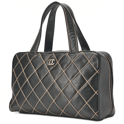CHANEL Coco Mark Wild Stitch Handbag Calfskin Black Silver-Tone Hardware, Pre-Owned