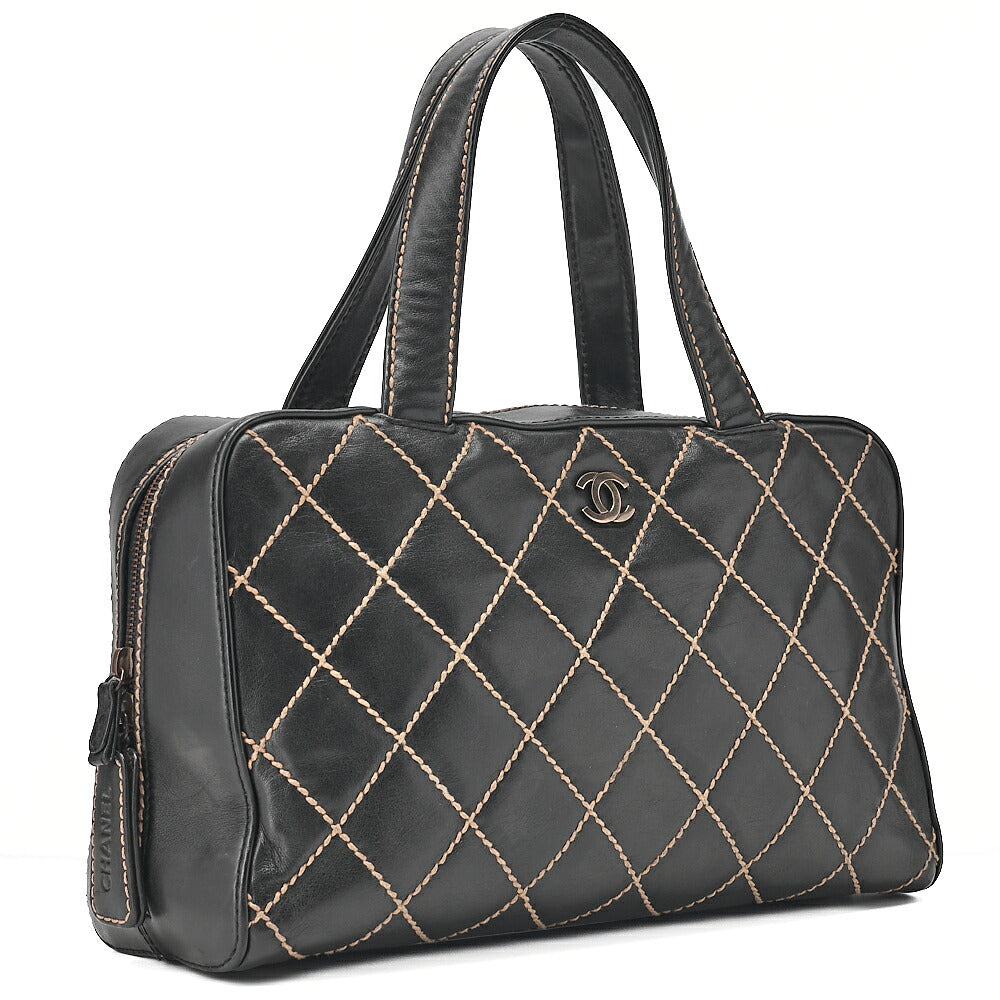 CHANEL Coco Mark Wild Stitch Handbag Calfskin Black Silver-Tone Hardware, Pre-Owned