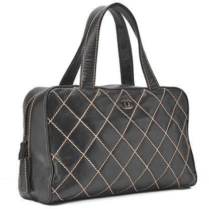 CHANEL Coco Mark Wild Stitch Handbag Calfskin Black Silver-Tone Hardware, Pre-Owned