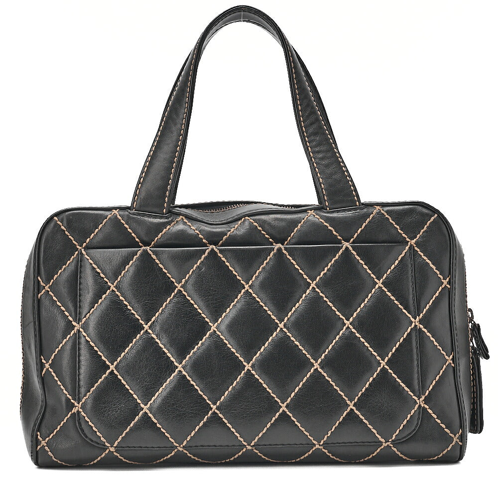CHANEL Coco Mark Wild Stitch Handbag Calfskin Black Silver-Tone Hardware, Pre-Owned