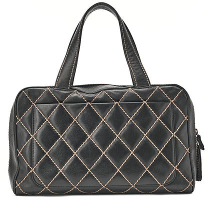 CHANEL Coco Mark Wild Stitch Handbag Calfskin Black Silver-Tone Hardware, Pre-Owned