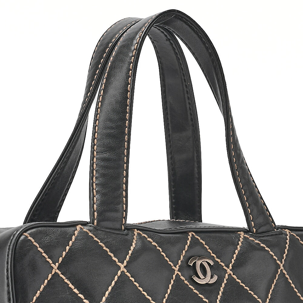 CHANEL Coco Mark Wild Stitch Handbag Calfskin Black Silver-Tone Hardware, Pre-Owned