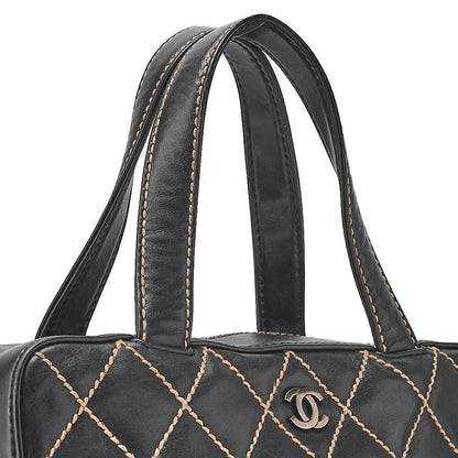 CHANEL Coco Mark Wild Stitch Handbag Calfskin Black Silver-Tone Hardware, Pre-Owned