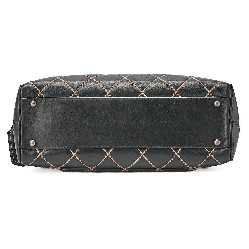 CHANEL Coco Mark Wild Stitch Handbag Calfskin Black Silver-Tone Hardware, Pre-Owned