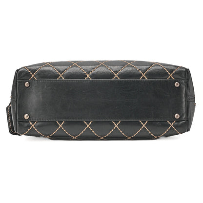 CHANEL Coco Mark Wild Stitch Handbag Calfskin Black Silver-Tone Hardware, Pre-Owned