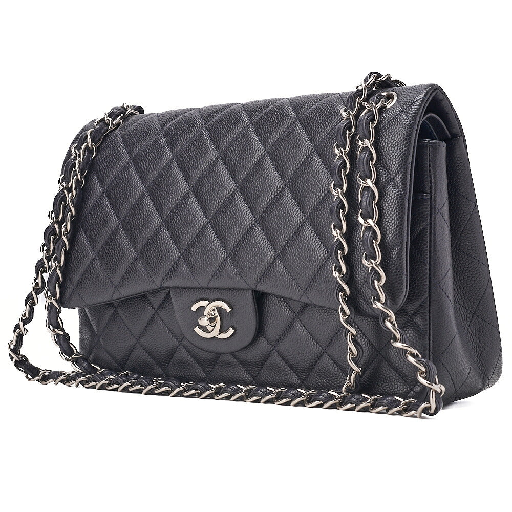 CHANEL Caviar Skin Deka Matelasse 30cm Double Flap Chain Shoulder Bag Purple Silver-Tone Hardware, Pre-Owned