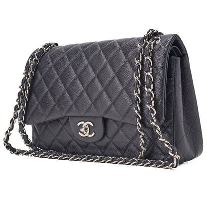 CHANEL Caviar Skin Deka Matelasse 30cm Double Flap Chain Shoulder Bag Purple Silver-Tone Hardware, Pre-Owned