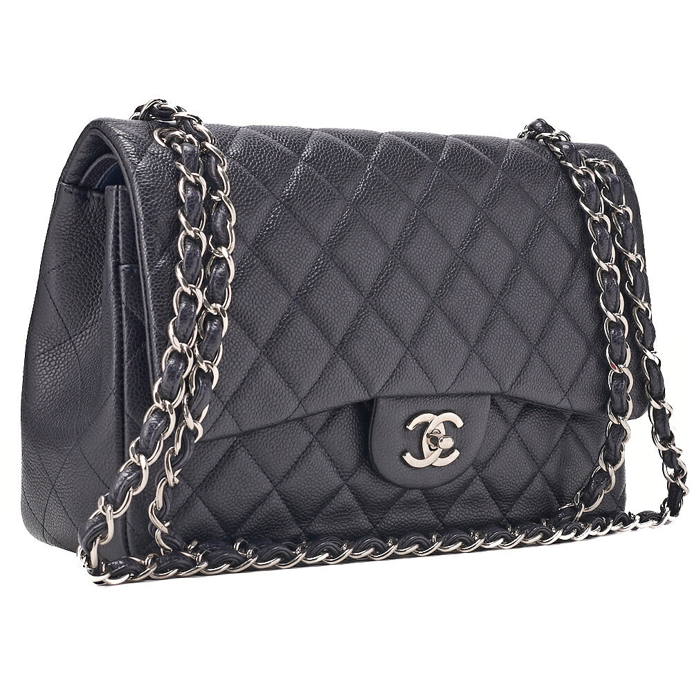CHANEL Caviar Skin Deka Matelasse 30cm Double Flap Chain Shoulder Bag Purple Silver-Tone Hardware, Pre-Owned