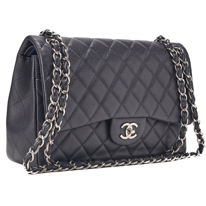 CHANEL Caviar Skin Deka Matelasse 30cm Double Flap Chain Shoulder Bag Purple Silver-Tone Hardware, Pre-Owned